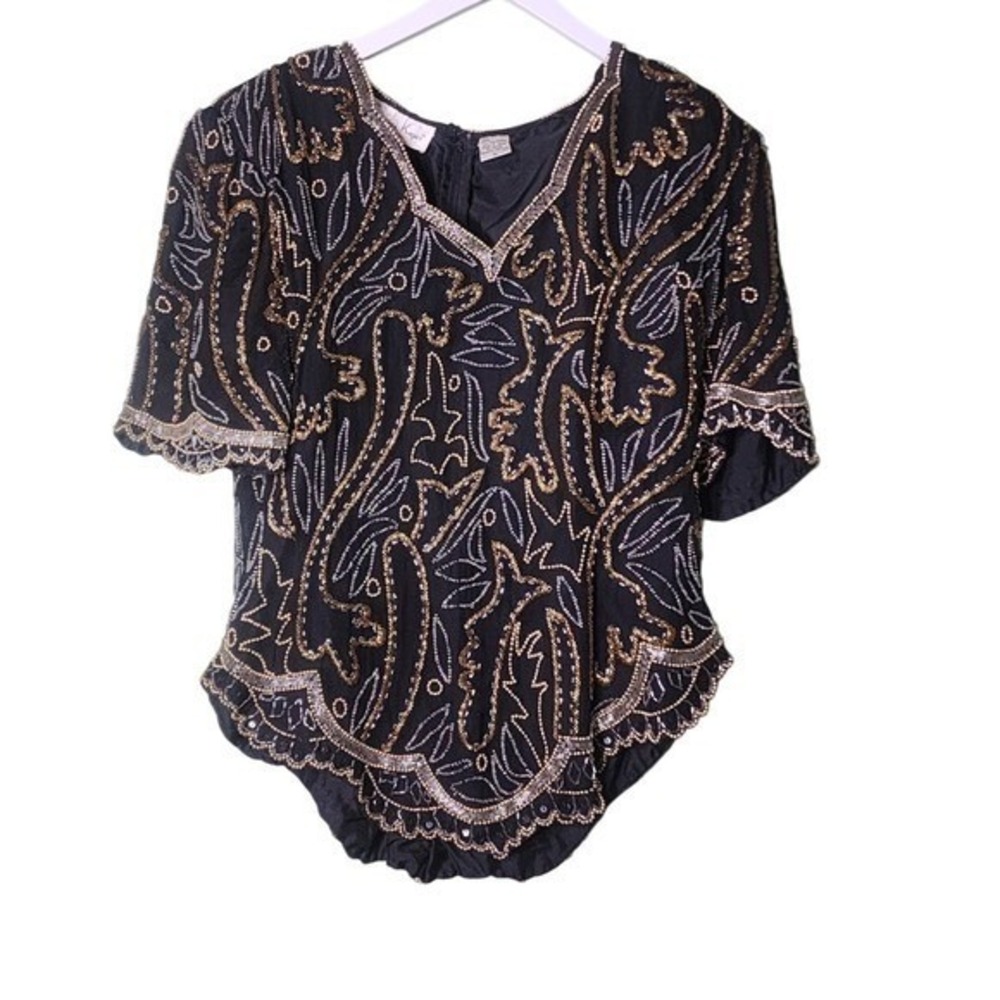 Vintage Laurence Kazar Silk Beaded Black Gold Short Sleeve Top Evening Formal XL